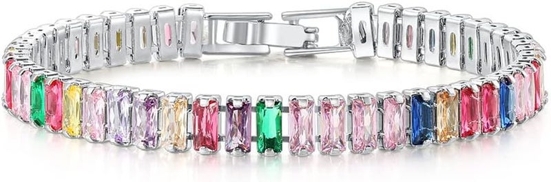 CiNily Adjustable Tennis Bracelets for Women Teen Girls Rainbow Cubic Zirconia Bracelet 14K White Gold Plated Hypoallergenic Slider Bracelet Jewelry Gift - Image 1